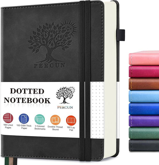 PERCUN Dotted Journal Notebook for Men & Women, 160 Pages Dot Grid notebook for Note Taking, Bullet Journaling Notebook for Work, School, Travel, Writing, A5 Hardcover 5.9" x 8.5"(Black)-DeskLoop Office