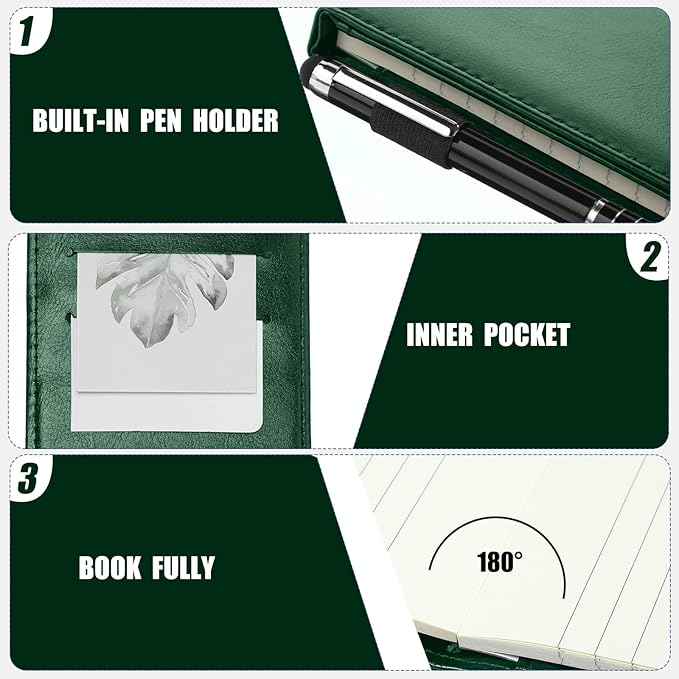 Outus 10 Pcs Pocket Notebook with Pen Set Included Mini Pocket Notepad Holder with 50 Lined Sheets, Metal Pen, 8 Pcs 3 x 5 Inch Memo Book Refills, 30 Lined Paper Per Note Pad (Green)-DeskLoop Office