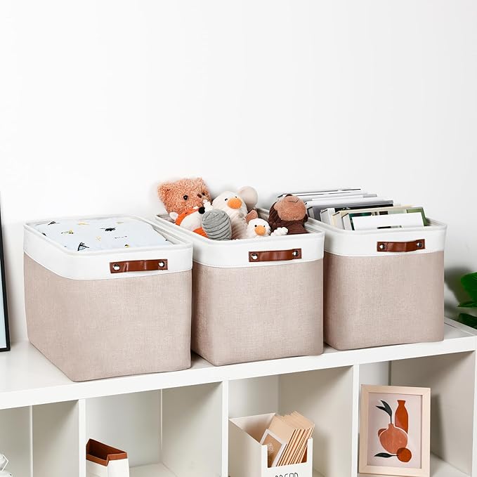 DULLEMELO Fabric Storage Bins, Lining Fabric Baskets For Gifts, Large Storage Baskets for Toys Books Clothes Storage, Foldable Storage Basket for Office Home Shelves Closets Organizing(White&Khaki)-DeskLoop Office