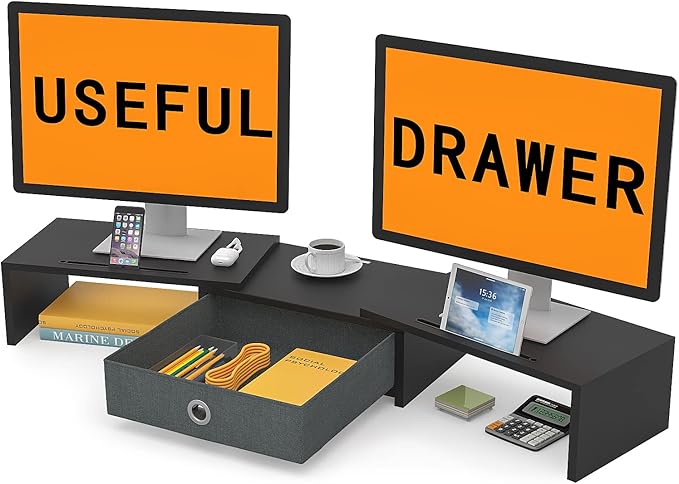 WESTREE Dual Monitor Stand Riser with Drawer, Adjustable Length and Angle Monitor 2 Solts for Phone & Tablet, Desktop Organizer Stand for Computer/Laptop/PC/Printer-DeskLoop Office
