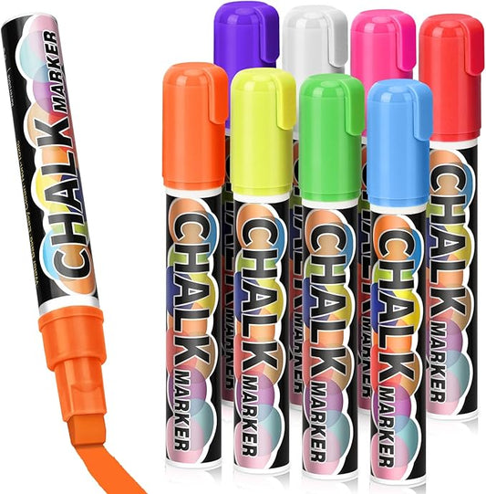Car Window Markers for Glass Washable –10mm Liquid Chalk Car Paint Pen Wet Erasable, 8 Neon Chalk Markers for Big Chalkboard, Blackboard, Bistro, Glass, Mirrors, Auto Windshield-DeskLoop Office