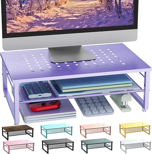 gianotter 2-Tier Metal Monitor Stand Riser, Office Desk Storage Organizer for Computer Monitor, Laptop, Printer, Office Supplies (Purple)-DeskLoop Office
