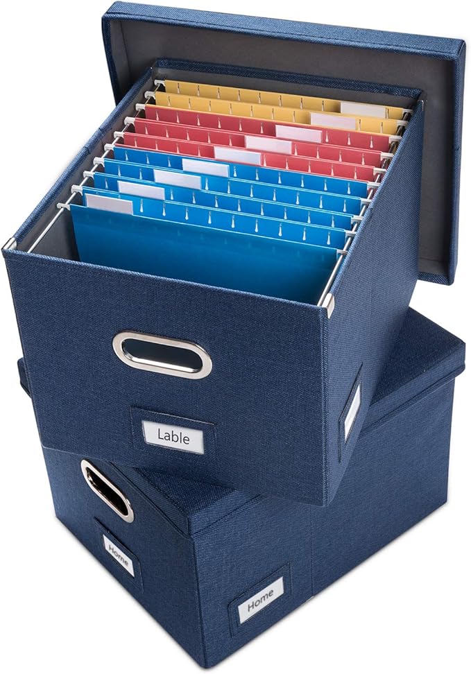 PRANDOM File Organizer Box - Set of 2 Collapsible Decorative Linen Filing Storage Hanging File Folders with Lids Office Cabinet Letter/Legal Size Navy Blue (17x14x11.2 inch)-DeskLoop Office