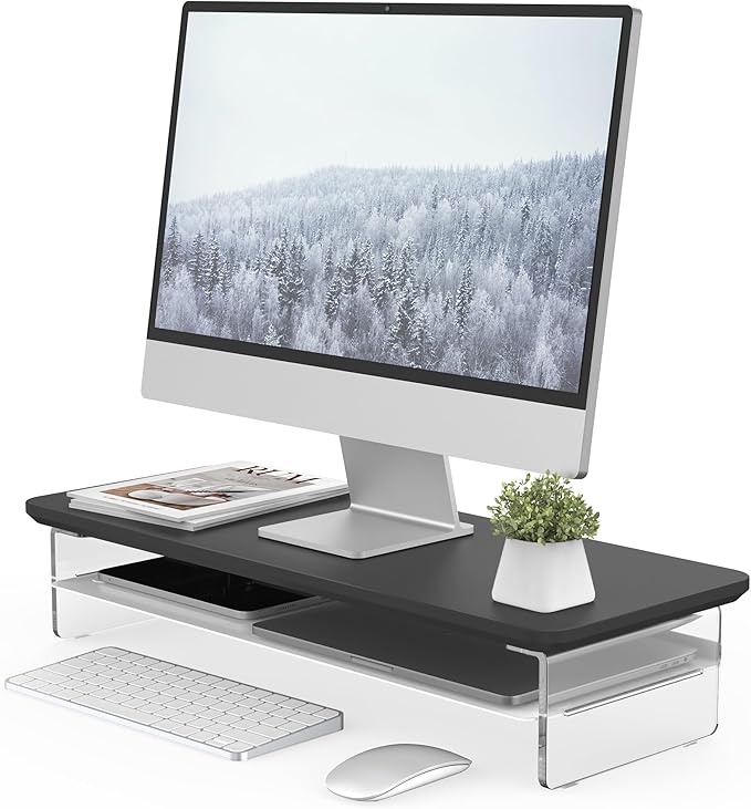 Fenge Acrylic Monitor Stand Riser, 23.6 Inches Monitor Stand with Metal Storage, 2 Tier Acrylic Computer Riser for Desk, Clear Laptop Stand for PC, Laptop, Printer, TV-DeskLoop Office