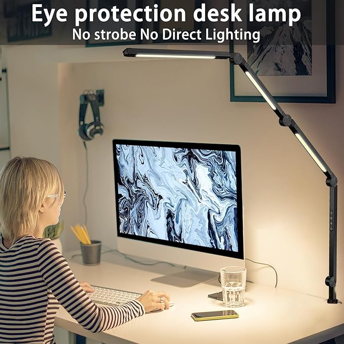 LED Desk Lamp with Clamp & Flexible Arm - 3 Light Sources, 4 Color Modes & 5 Brightness Levels, Eye-Caring Table Light with Memory Function-DeskLoop Office