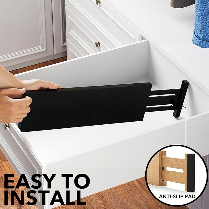 SpaceAid Bamboo Dresser Drawer Dividers 6 Pack, 4.65“ High Adjustable 17“-22” Drawer Organizers, Expandable Organization for Clothing, Clothes, Dressers, Black-DeskLoop Office