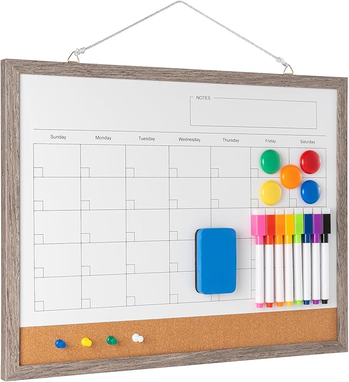 Dry Erase Calendar Whiteboard, 17" x 13" Magnetic Whiteboard Cork Board Combo, Reusable Monthly Planner with 8 Markers, Eraser, Magnets and Push Pins to Hang Dry Erase Board for Home, School - Gray-DeskLoop Office
