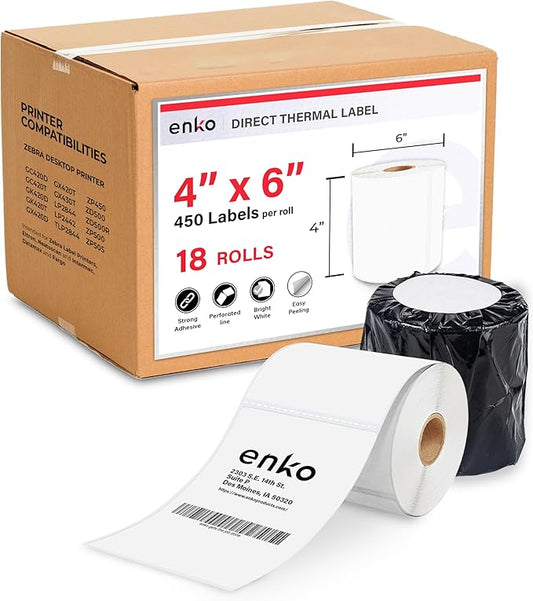 enKo (18 Rolls, 8,100 Labels) 4 x 6 Direct Thermal Address & Shipping Labels Compatible for Zebra 2844 ZP-450 ZP-500 ZP-505, Rollo, Eltron, Neatoscan-DeskLoop Office