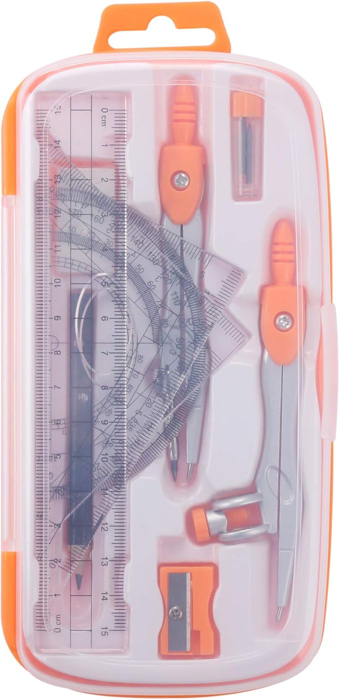 Math Geometry Kit Sets 10 Piece Student Supplies with Shatterproof Storage Box,Includes Rulers,Protractor,Compass,Eraser,Pencil Sharpener,Lead Refills,Pencil,for Drafting and Drawings(Orange)-DeskLoop Office