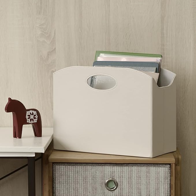 EZDeco Magazine Holder Foldable Magazine Rack Floor PU Leather File Holder Newspaper Book Storage Basket Document File Folder Organizer for Office Home (Off-white-2)-DeskLoop Office