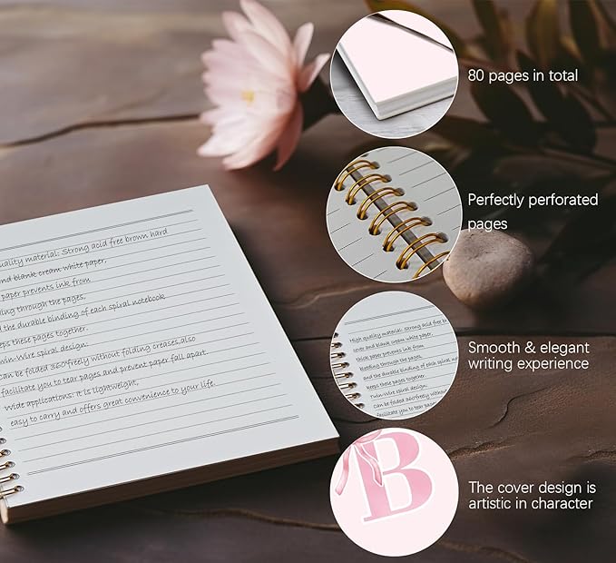 Coquette Trendy Preppy Pink Bow Spiral Notebook,Initial B Journal Personalized Teen Girl Gifts,Monogrammed Gifts for Women Teen Girl,College Ruled Hardcover Spiral Notebook 5.5 x 8.3-DeskLoop Office