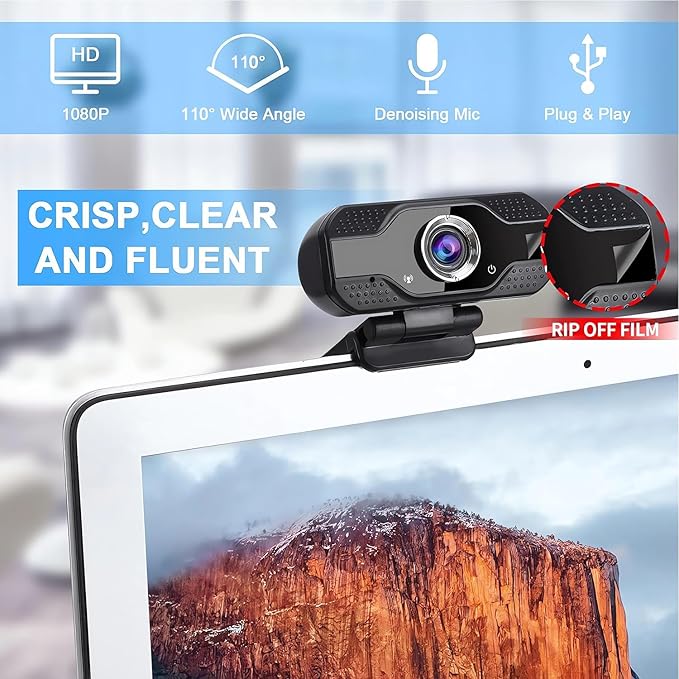 Full HD 1080p Webcam with Privacy Shutter and Tripod, Video and Wide Angle Camera, Built-in Mic, Widescreen USB Computer Camera for Laptop Desktop-DeskLoop Office