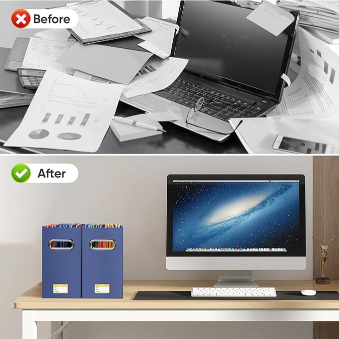 BALEINE File Organizer Box, Cardboard File Folder Organizer with Handle for Letter Size, Portable Collapsible Hanging Filing Box for Home Office Document Storage (4 Pack, Navy)-DeskLoop Office