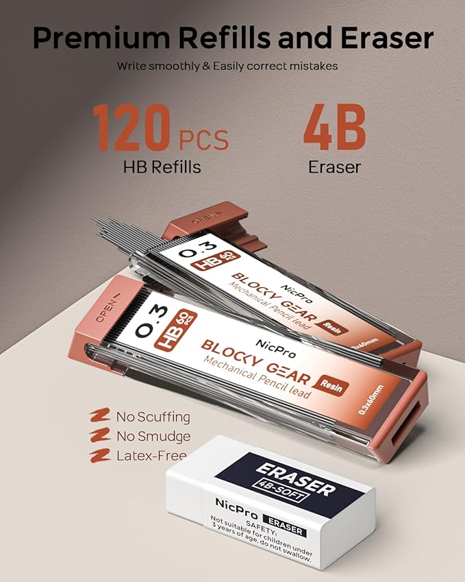 Nicpro Blocky Gear 0.3 mm Mechanical Pencils Set in Case, Metal Pencil with Lead Refills, Eraser for Professional & Adult Art Writing Drafting Drawing-DeskLoop Office