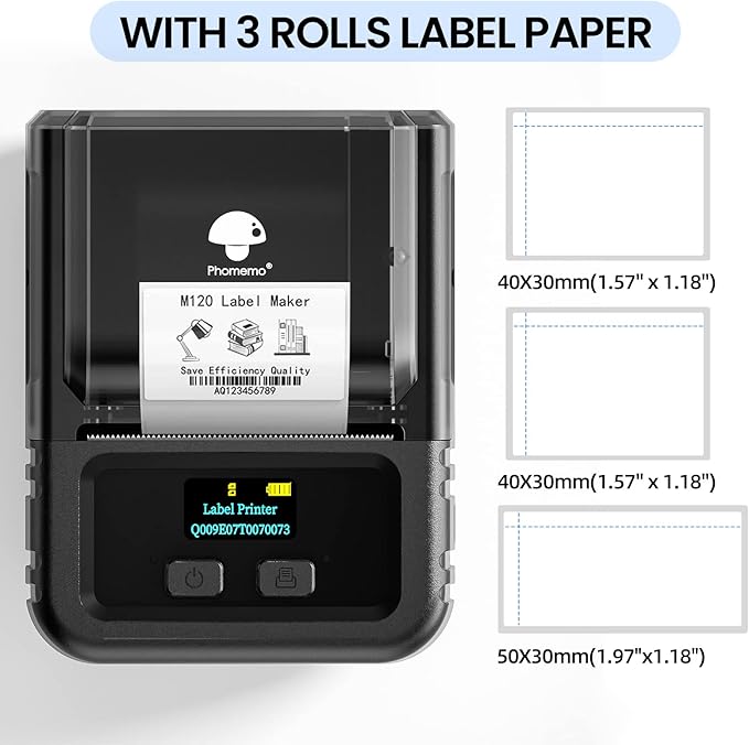 Phomemo M120 Label Maker, 2 Inch Bluetooth Thermal Label Printer with 3 Rolls Thermal Label(4030/4030/5030mm), Label Maker Machine for Small Business, Barcode, Address, Sticker Printer for Phone & PC-DeskLoop Office
