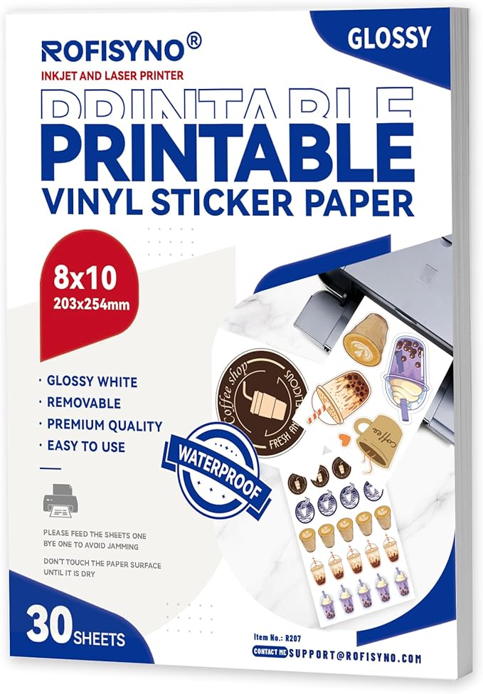 8x10 Printable Vinyl Sticker Paper Waterproof, Removable Self Adhesive Vinyl Sticker Sheets for Inkjet and Laser printer, 30 Pack, 8R Size, Glossy White-DeskLoop Office