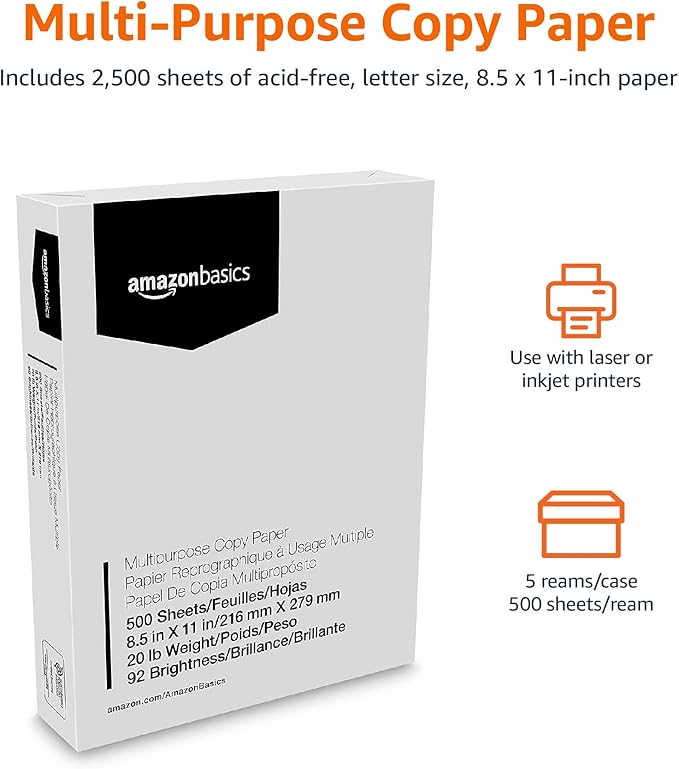 Amazon Basics Multipurpose Copy Printer Paper, 20 lb, 8.5 x 11 Inches, 5 Reams (2,500 Sheets), 92 Bright, White-DeskLoop Office