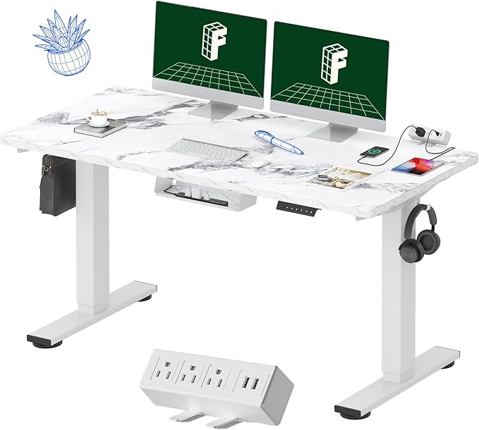 FLEXISPOT EN2 Whole-Piece Standing Desk with Clamp Power Strip, 55 x 28 Electric Stand Up Height Adjustable Desk with Cable Management (White Frame + 55" Marble Grey Top, 2 Packages)-DeskLoop Office
