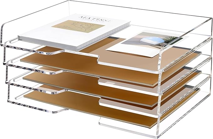 SANRUI 4 Tier Acrylic Paper Letter Tray Desk Stackable Organizer Trays,Clear Enlarged A4 Stackable File Document Tray, Workspace Office Supplies Organizers and Accessories Sorter,13.82inx9.29inx6.7in-DeskLoop Office