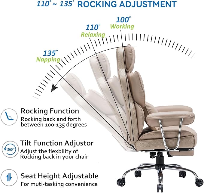 Efomao Big and Tall Office Chair 400lbs – PU Leather Executive Office Chair with Lumbar Support & Leg Rest, Heavy-Duty Computer Chair for Home Office, Dark Beige-DeskLoop Office