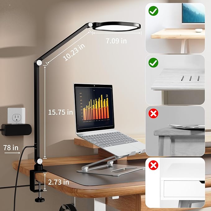 2 Packs Led Desk Lamps for Home Office, 1200LM Dimmable Clamp-on Desktop Light, Adjustable Swing Arm Ring Light with Stand, Memory & Timer Function, Eye-Caring Design-DeskLoop Office