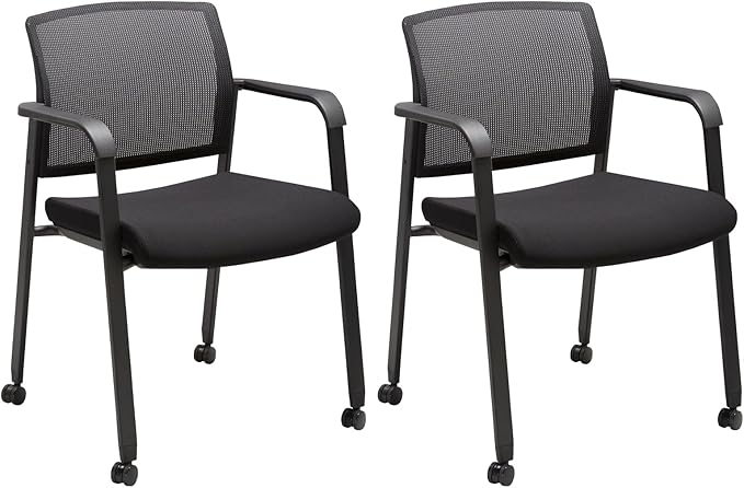 CLATINA Black Waiting Room Chair with Wheels Mesh Back Stacking Arm Chairs with Upholstered Fabric Seat and Ergonomic Lumbar Support for Office School Church Guest Reception-DeskLoop Office