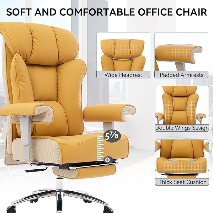 Efomao Big and Tall Green Office Chair 450LBS – Ergonomic High-Back Executive Chair with Footrest, Adjustable Padded Armrests, PU Leather Computer Chair with Lumbar Support for Home or Office, Yellow-DeskLoop Office