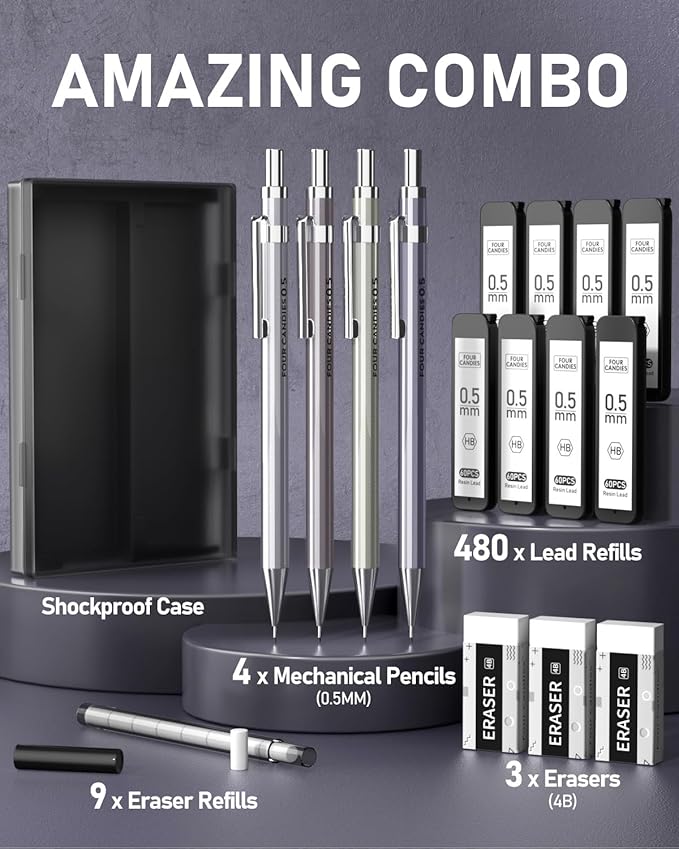 Four Candies 0.5mm Mechanical Pencil Set with Case - 4PCS Metal Mechanical Pencils, 8 Tubes HB #2 Lead Refills, 3PCS 4B Erasers and 9PCS Eraser Refills, Lead Mechanical Pencils for Writing & Drawing-DeskLoop Office