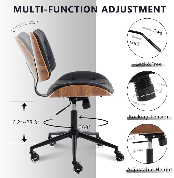 Home Office Desk Chair with Wheels, Adjustable Height Armless Office Chair, PU Leather Mid Back 360° Small Computer Chair, Modern Walnut Chair No Arms for Office, Reading Meeting Room(Black)-DeskLoop Office