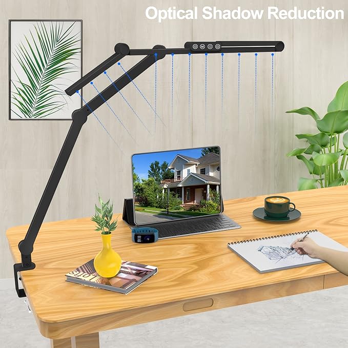 Micomlan Led Desk Lamp with Clamp, Architect Desk Lamp for Home Office with Atmosphere Lighting, 24W Ultra Bright Auto Dimming Computer Light Stepless Dimming and Tempering LED Table Light-DeskLoop Office