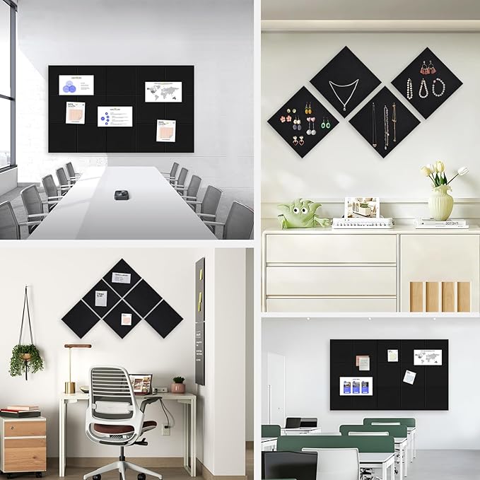 Large Cork Board for Office Wall Decor,36"x24"-6 Pack Cork Board Tiles with Safe Removable Adhesive Tabs, 1/2" Thick, Felt Bulletin Board Pin Board Cork Boards for Walls - Black-DeskLoop Office