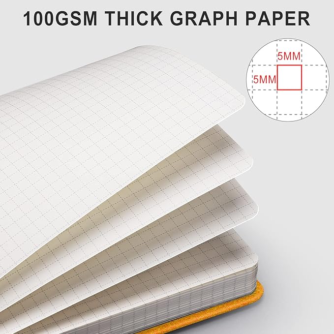 AHGXG Graph Paper Notebook - 320 Pages Grid Notebook Thick Journal A5, 100gsm Thick Graph Paper, Leather Hardcover, Inner Pocket,5.75'' × 8.38''- Yellow-DeskLoop Office