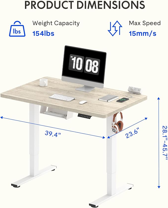 FLEXISPOT EN2 Whole-Piece Standing Desk with Clamp Power Strip, 40 x 24 Electric Stand Up Height Adjustable Desk with Cable Management (White Frame + 40" White Wood Grain Desktop)-DeskLoop Office
