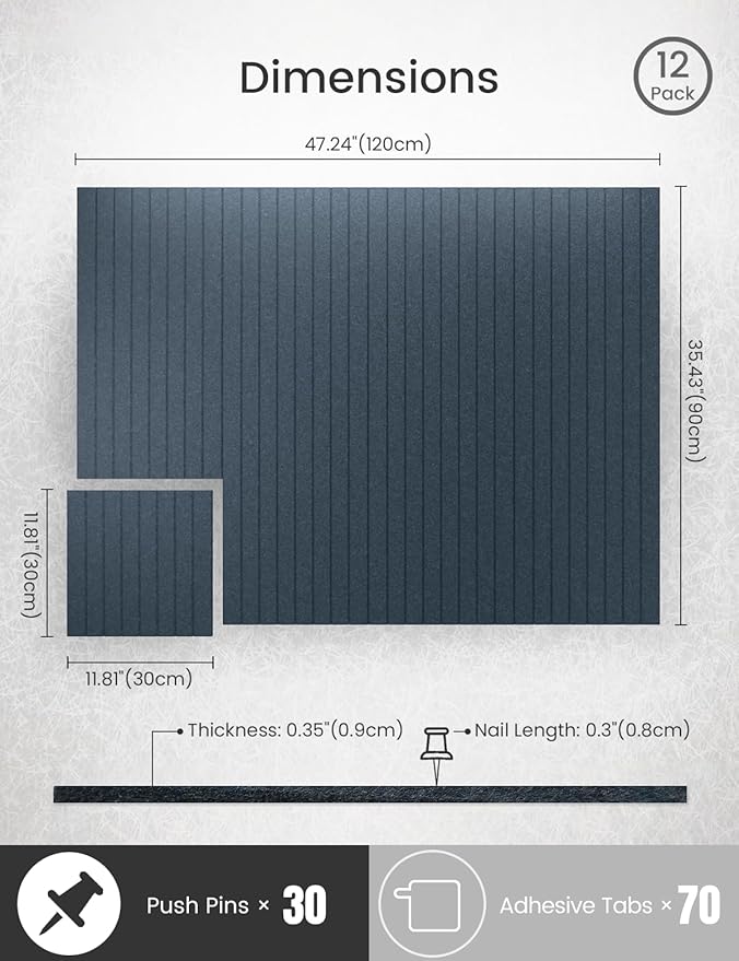 Bumusty Large Cork Board Alternative-47 x35 Felt Bulletin Board, with 30 Pushpins, 70 Adhesive Tabs, 12-Pack Slat Wall Paneling, Cork Boards for Office Push Pin Board Felt Board-Deep Charcoal Blue-DeskLoop Office