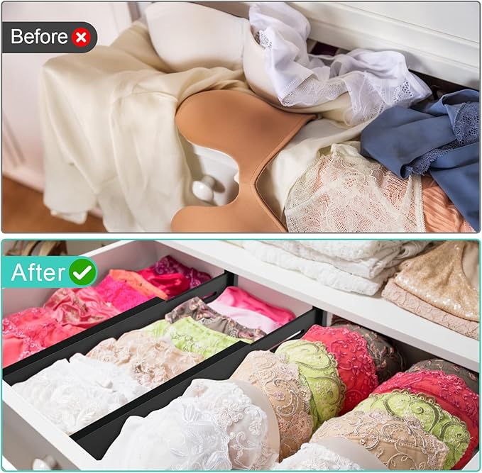 FJO 4 Pack Adjustable Bamboo Drawer Dividers - 12.5" - 21.7" Expandable Drawer Separators for Kitchen, Utensils, Clothes, Bedroom, Dresser, Bathroom (Black)-DeskLoop Office