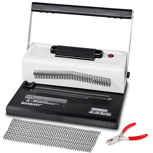 MAKEASY Spiral Coil Binding Machine with 46 Fully Disengaging Pins - Electric Coil Inserter - Adjustable Side Margin, Comes with Free 1 Box Coil Spines & Plier, 20 Sheet Punch Capacity-DeskLoop Office