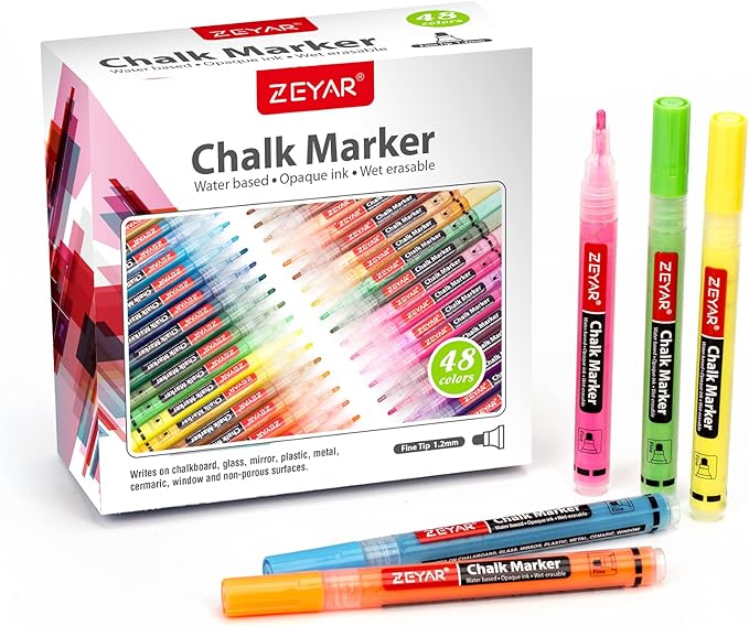 ZEYAR Liquid Chalk Marker, Wet Erase Marker, Water-Based Opaque Ink, Fine Tip for Detailed Drawing, Writes on Nonporous Chalkboards, Bistro Boards, Windows, Plastic and more (48 Full Colors)-DeskLoop Office