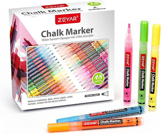 ZEYAR Liquid Chalk Marker, Wet Erase Marker, Water-Based Opaque Ink, Fine Tip for Detailed Drawing, Writes on Nonporous Chalkboards, Bistro Boards, Windows, Plastic and more (48 Full Colors)-DeskLoop Office