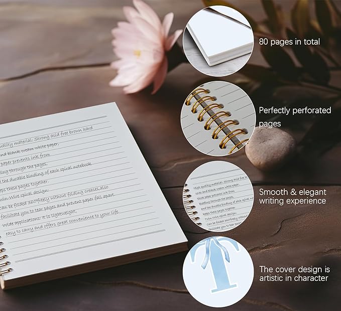 Initial T Notebook Journal,Personalized Teen Girl Gifts,Coquette Trendy Preppy Blue Bow Spiral Notebook,Monogrammed Gifts for Women Teen Girl,College Ruled Hardcover Spiral Notebook 5.5 x 8.3-DeskLoop Office