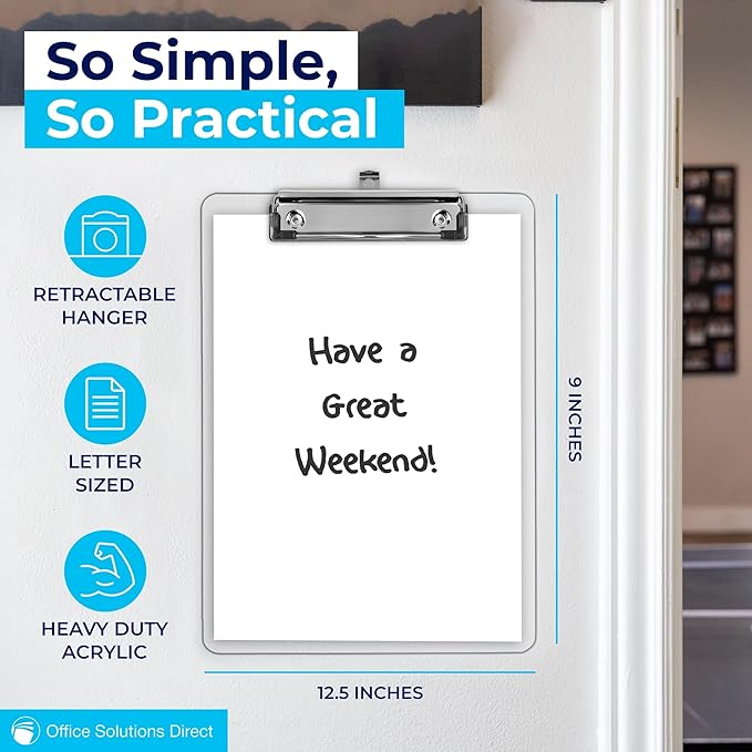 Plastic Clipboards (Set of 6) Transparent Clipboard (Clear) Strong 12.5 x 9 Inch | Holds 100 Sheets! Acrylic Clipboards with Low Profile Clip | Bulk Back to School Supplies for Teachers-DeskLoop Office