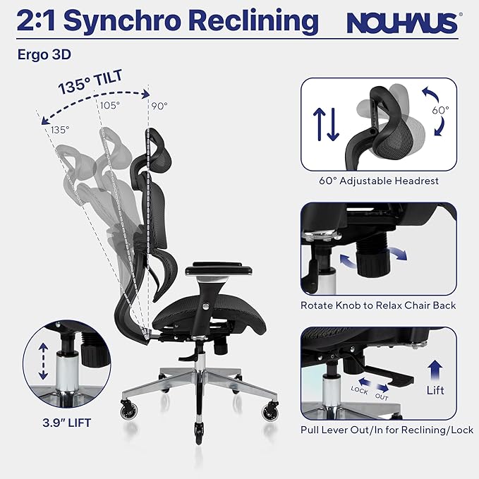 Nouhaus Ergo3D Ergonomic Office Chair Lumbar Support Mesh Office Chair with 4D Adjustable Armrest, Adjustable Headrest and Wheels, Mesh High Back Home Office Desk Chairs(Black)-DeskLoop Office