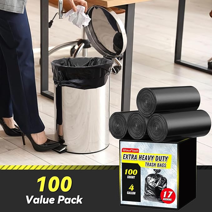100 Count 17 Micron Extra Heavy Duty 4 Gallon Trash Bags, Sturdy & Tear-Resistant Small Trash Bags for Bathroom & Kitchen-DeskLoop Office