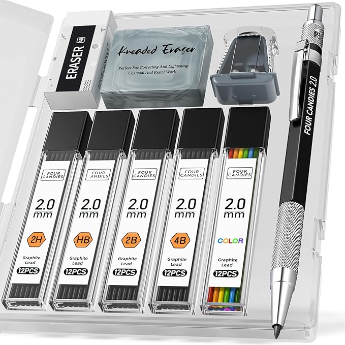 Four Candies 2MM Mechanical Pencil Set with case, Artist Led Pencil Metal Lead Holder with 60PCS Graphite Lead Refill (HB, 2H, 2B, 4B, Color) Kneaded Eraser, Sharpener for Writing, Drawing, Sketching-DeskLoop Office