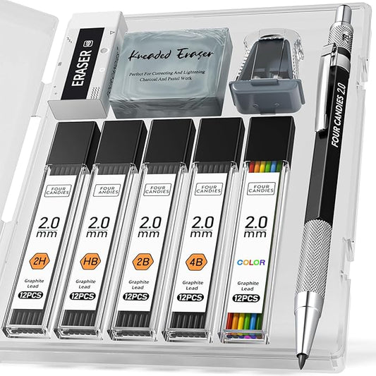 Four Candies 2MM Mechanical Pencil Set with case, Artist Led Pencil Metal Lead Holder with 60PCS Graphite Lead Refill (HB, 2H, 2B, 4B, Color) Kneaded Eraser, Sharpener for Writing, Drawing, Sketching-DeskLoop Office