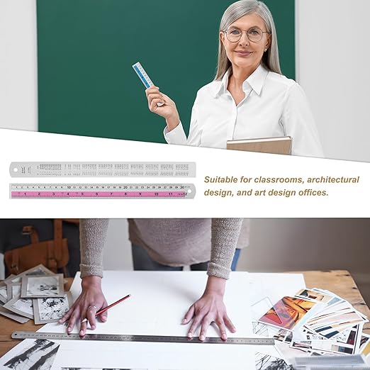 HARFINGTON 6pcs Metal Straight Ruler 30cm Metric SAE Aluminum Alloy Measuring Rulers Scale Tools with Hole for Measure Study Reading Classroom Office, Pink-DeskLoop Office