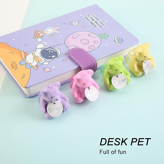 8Pcs Cute Backpack Bear Erasers Desk Pets for Kids, Kawaii Fun Animal Erasers with Pencil Sharpener for School Classroom Supplies Prize Gifts Party Favors