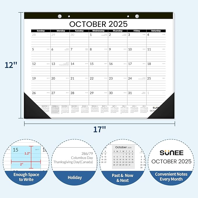 SUNEE Desk Calendar 2025-2026 17x12, 18 Months, JUL. 2025 - DEC. 2026, Academic Desk Blotter Calendar 2025-2026, School Year Large Calendar for Teacher, Black-DeskLoop Office