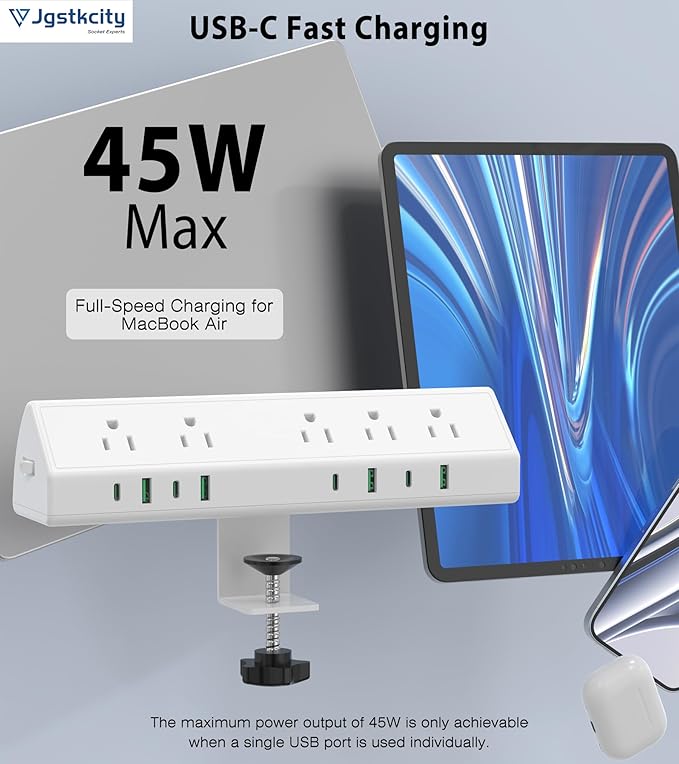 45W Fast Charging Station,Desk Clamp Power Strip,4 PD USB-C Ports,5 AC Outlets,Surge Protector Power Strip, 14AWG Heavy Duty Cord, Fits 1.9" Tabletop Edge (White, 15 FT Cable)-DeskLoop Office