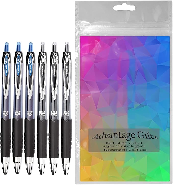 Signo 207 Roller Ball Retractable Gel Pens, Bold Point (1.0mm), Black And Blue Ink, 6 Count, Bundle with Plastic Reusable Pouch-DeskLoop Office