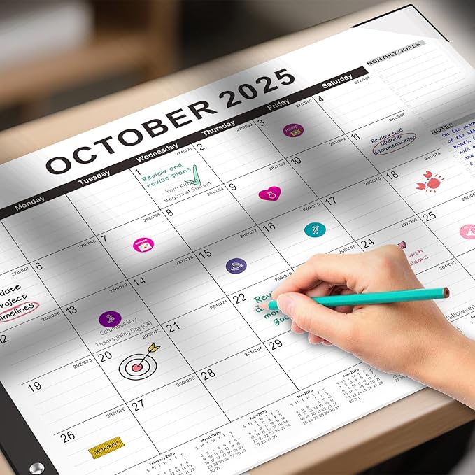 Gannyfer Desk Calendar 2025-2026, Large Calendar 2026 22" x 17", July 2025 - Dec 2026, 18 Monthly Academic Desktop Pad Calendar with Plastic Cover, Thick Paper, for Planning and Organizing in Office, School, Family(6 Stickers)-DeskLoop Office